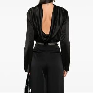 Elegant Black Satin Drape Back Blouse